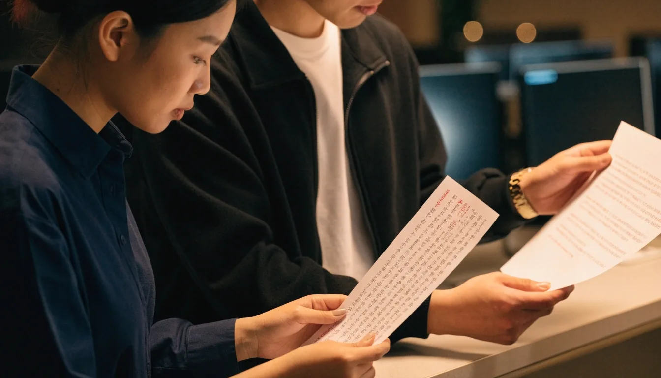 사무실에서 서로 다른 문서 형식을 나란히 놓고 비교하는 모습