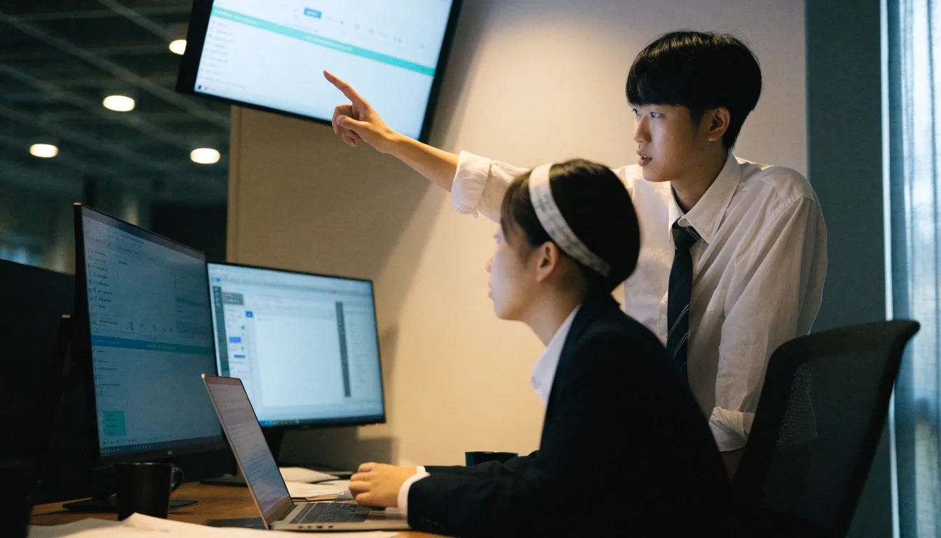 서울 사무실에서 노트북과 모니터를 함께 검토하는 모르켈리 소프트웨어 리뷰 편집팀